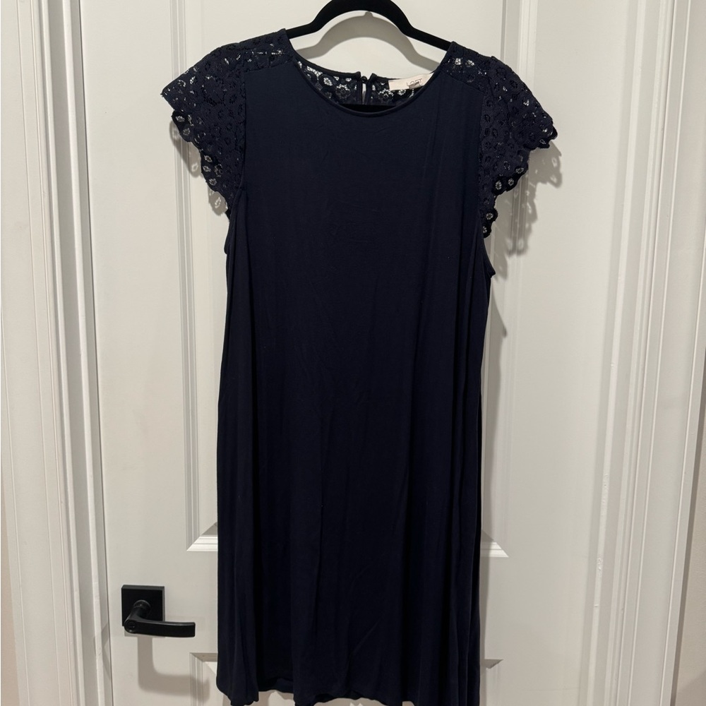 LOFT Navy Dress with Lace Cap Sleeves